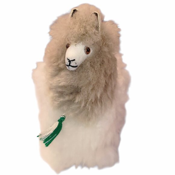 Handmade Llama Alpaca Fur White & Tan Plush Stuffed Toy 6" - Picture 1 of 7